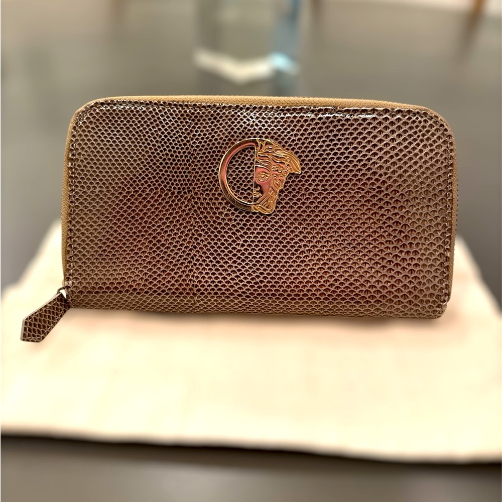 Versace Collection Leather Medusa Brown Patent Zip Around Long Wallet EUC
